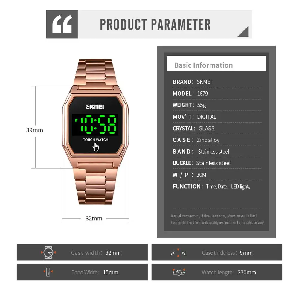 SKMEI LED Light Touch Date Time Electronic Watches Men Women new 2025 Full Steel Waterproof Digital Wristwatches reloj hombre