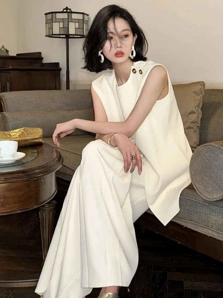 Vintage Elegant Blazer Vest Set Chic Sleeveless Solid Tank Top and Wide Leg Trousers Pantsuit Outfits Summer Korean Clothes 240516