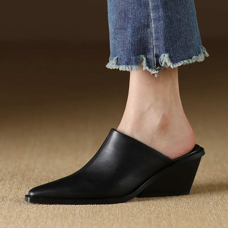 Women Mules Pointed Toe Thick new Heels Real Leather 2025 Cowhide Pumps European Mullers Women Slip On Outwear Wedge Slippers Size 42