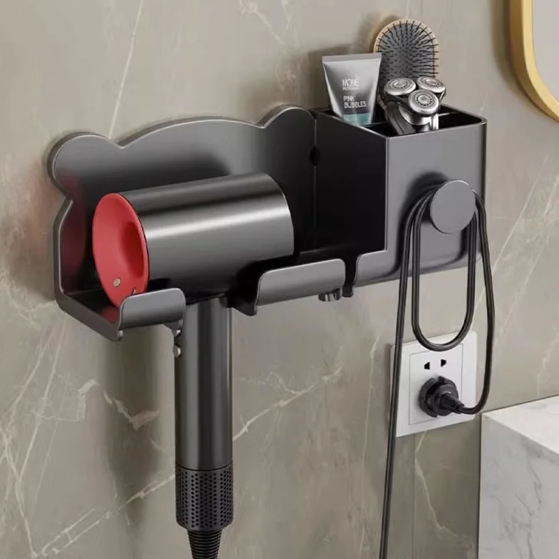Adhesive Wall Mounted Hair Dryer Rack Toiletry Organizer No-Drilling Plastic Bathroom Shelf Hanging Hairdryer Holder