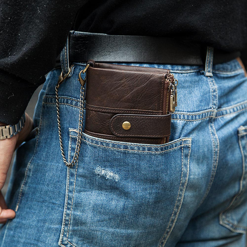 HUMERPAUL Men Genuine Leather Wallet RFID Anti-Theft Credit Card Holder Purse Multifunctional Male Zipper Coin Pocket Money Bag