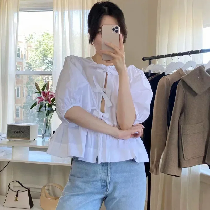 Women Shirt 2023 Spring and Summer New new Round Neck Tie 2025 Puff Sleeve Waist Solid Color Shirt
