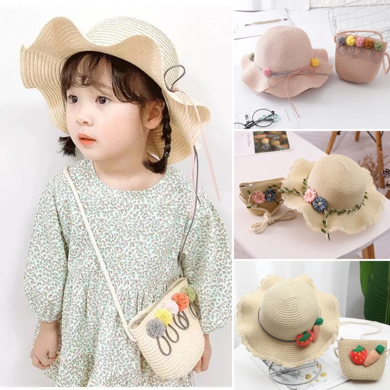 Summer Girls Baby Straw Hat Shoulder 2025 Bag Set Cute Floral Sun new Bucket Hat Tote Bags 2pcs/Set Baby Travel Beach Sunshade Hat Gorros