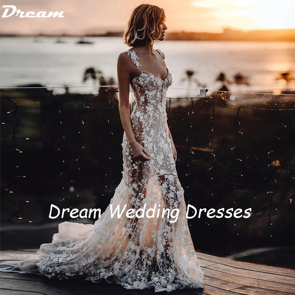 Droom Luxe 3d Kant Appliques Zeemeermin Trouwjurken Sweetheart Spaghettibandjes Rugloze Bruid Jurk Gebloemd Strand Boho Bruids