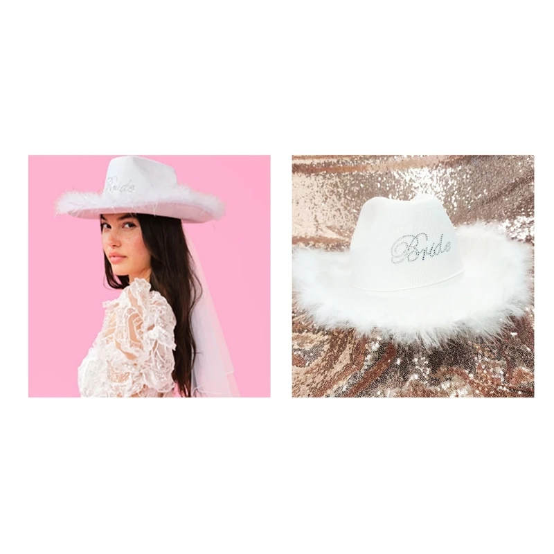Feather Brim Cowgirl Hat new Bride Wedding Photo Costume Props Summer Outdoor Woman 2025 Girl Hat with BRIDE Letter Sunproof