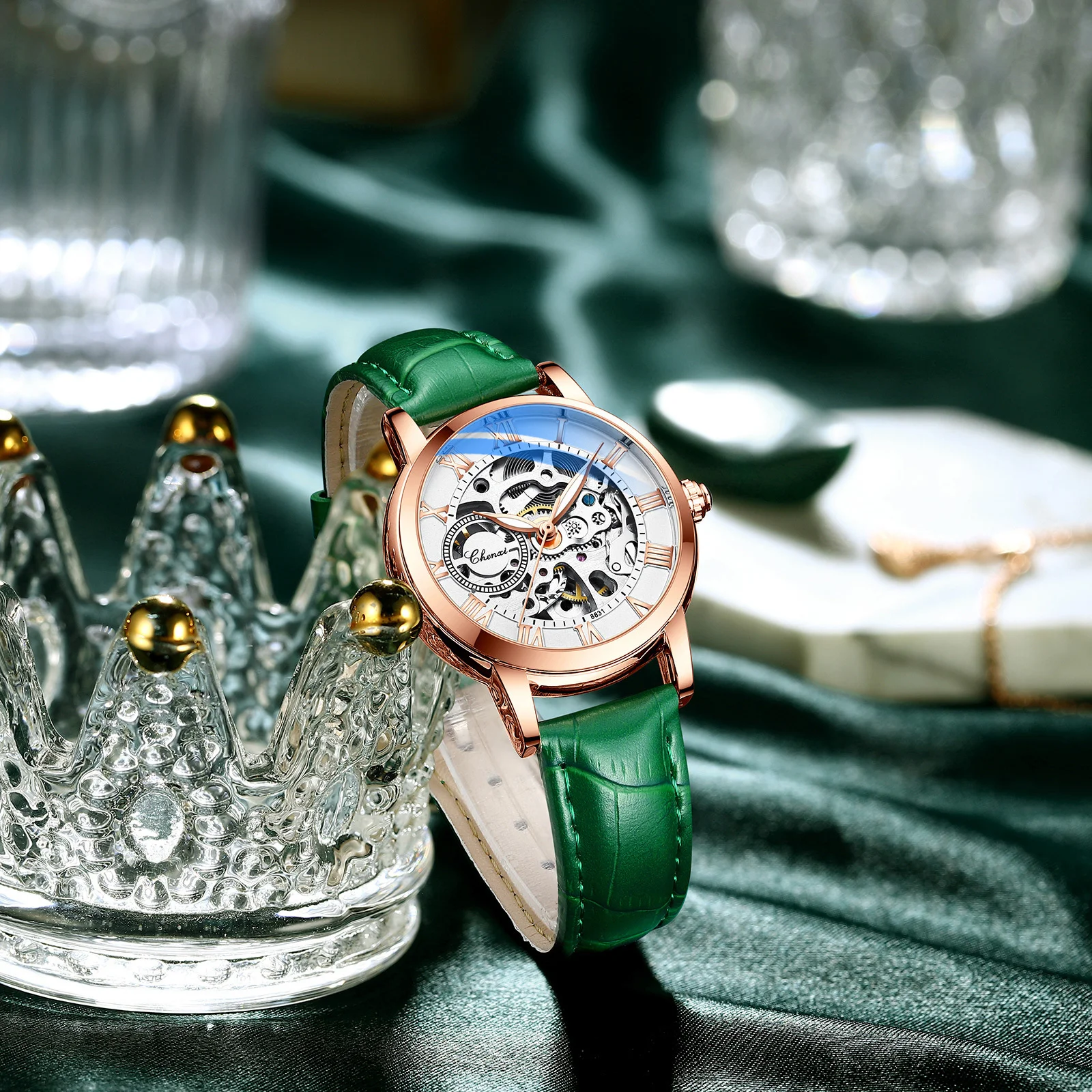 CHENXI 2025 8831 Leather Ladies Night Light Waterproof new Automatic Hollowed Vibrato Mechanical Watch Women Female Relogio Feminino