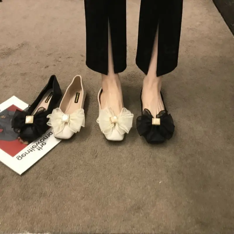 2025 Women Shoes Shallow Lace new Bowknot Soft Sole Size 34-42 French Style Round Toe Spring Autumn Sweet Elegant Flat with Shoes
