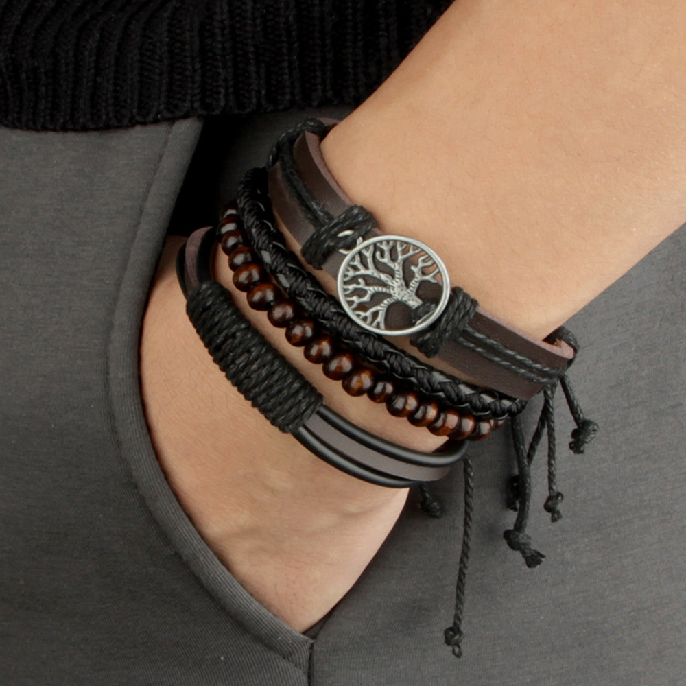 New Raided new Wrap Leather Bracelet For Men Vintage Life 2025 Tree Rudder Charm Wood Beads Ethnic Tribal Wristband Rope Bracelet Jewelry