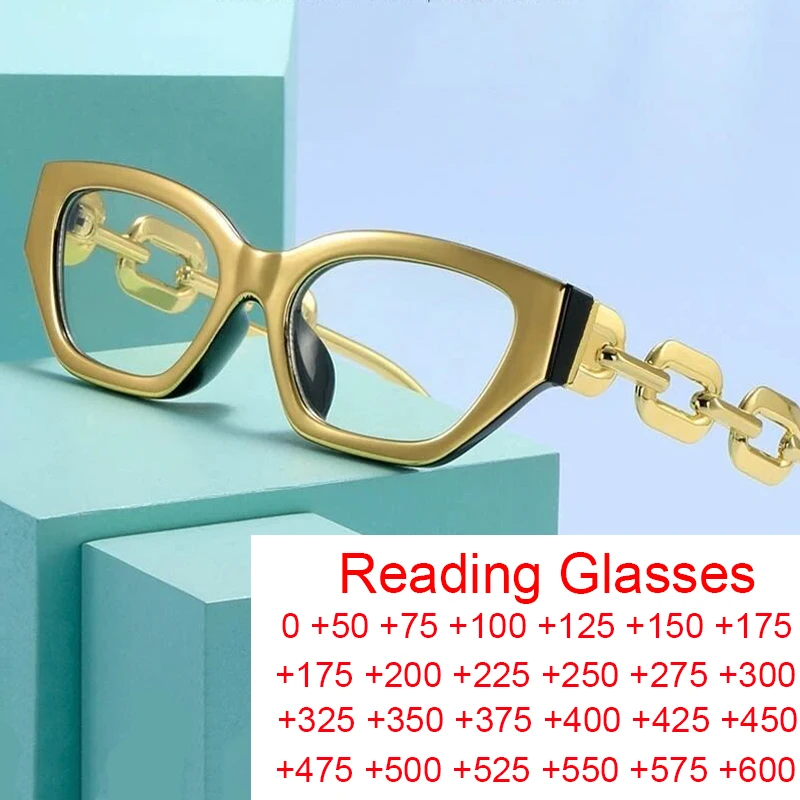 Vintage GOLD Frame Clear Reading Glasses Women Sexy Cat Eye Anti Blue Light Glasses Luxury Designer Big Chain Optical Eyeglasses