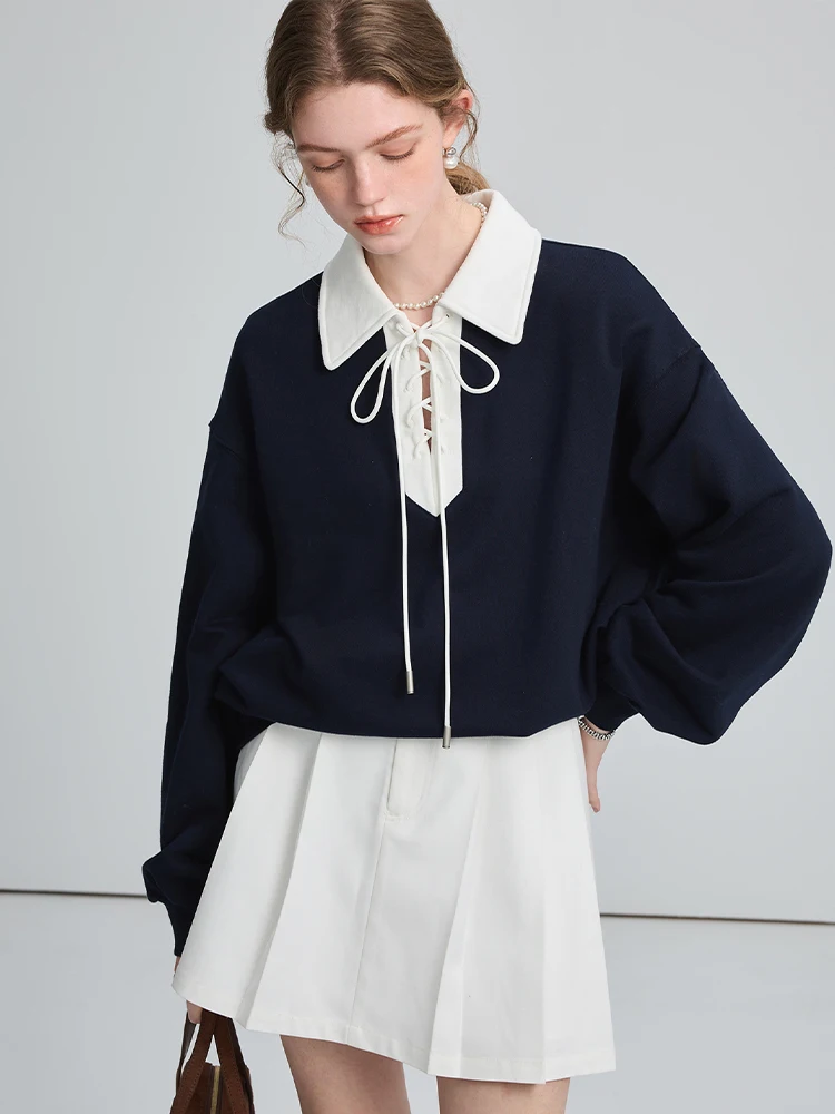 MOLAN Preppy Sweatshirt Women 2023 New Hoddies Contrast Color Tie Neckline Elegant Casual Famale Loose Top