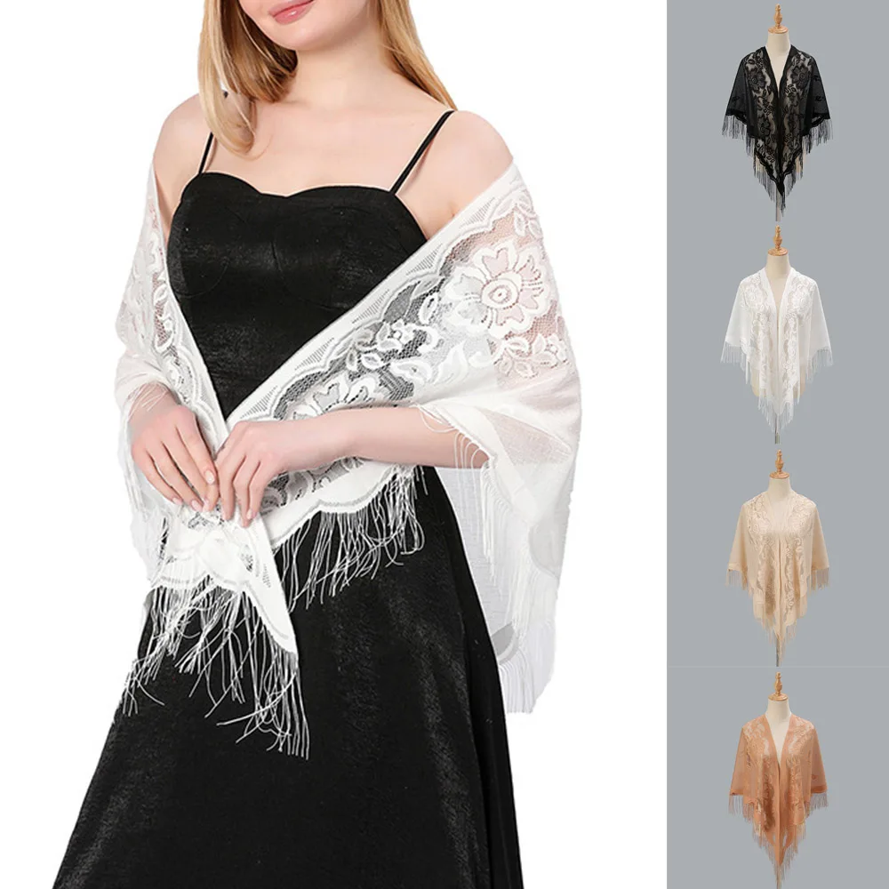 Lace Tassels Triangle Scarf Sheer Hollow Out Breathable Scarves Long Fringe Muslim Hijabs Evening Party Shawl Elegant Shawl