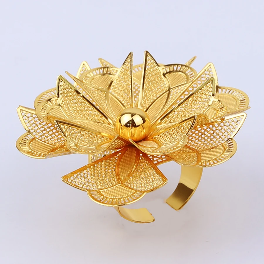 Dubai Gold Plated Rings Nigerian Big Flower Jewellery Indian Wedding Ethiopian Luxury Finger Jewelry For Women 2023 Party Gift