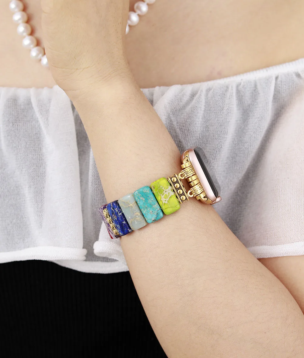 Spiritual 7 Color Chakra Imperial Jaspers Elastic Smart Watch Strap 38mm/45mm Stones Stretchy Wristband Lovers Iwatch Bracelet
