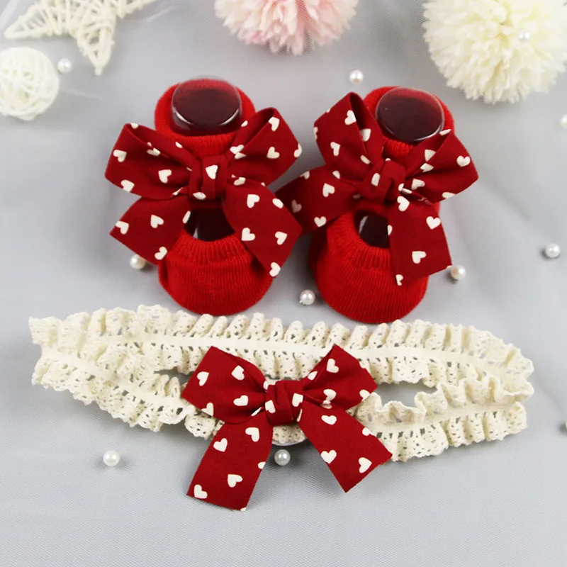 2Pcs/Set Korean Baby Headband Socks Red BowKnot Girl Hair Band Lovely Dot Striped Plaid Bows Infant Sock Kid Hair Accessories
