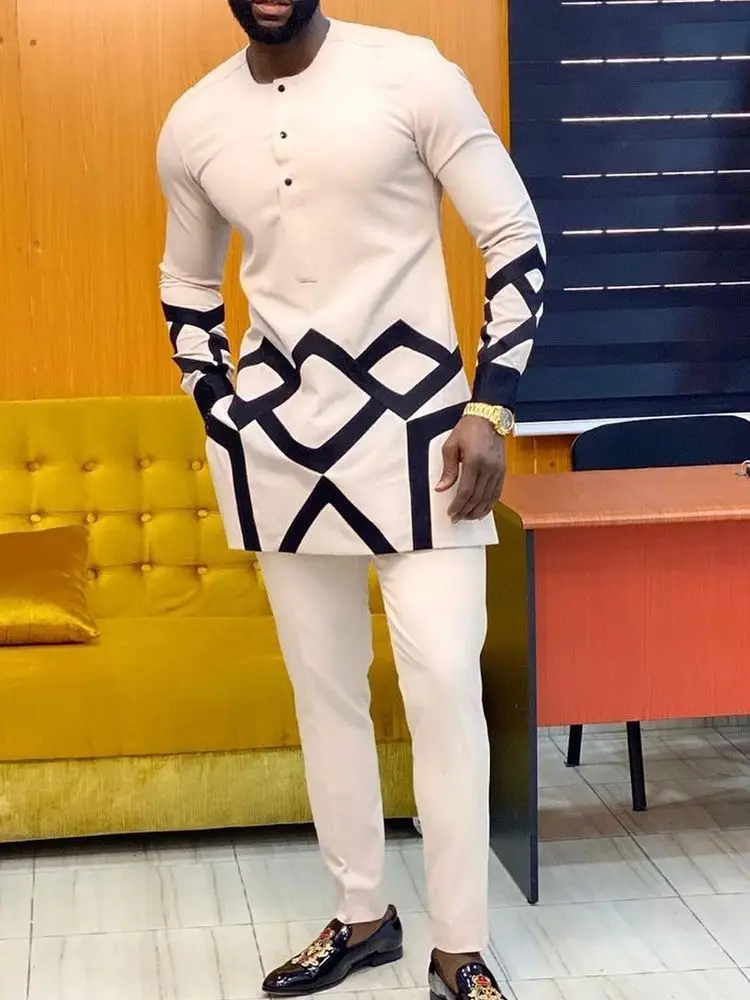 Dashiki Spring Muslim Ethnic Style Personality Striped Printed 2025 new Crewneck Comfortable Long-Sleeved Shirt And Pants Two-Piece Set