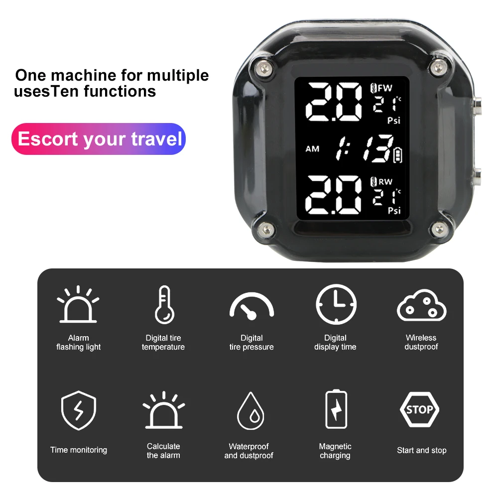 Motorcycle TPMS Sensor LCD Display Motor Tire Pressure Temperature Monitoring Alarm System With 2 External Sensors USB Charging