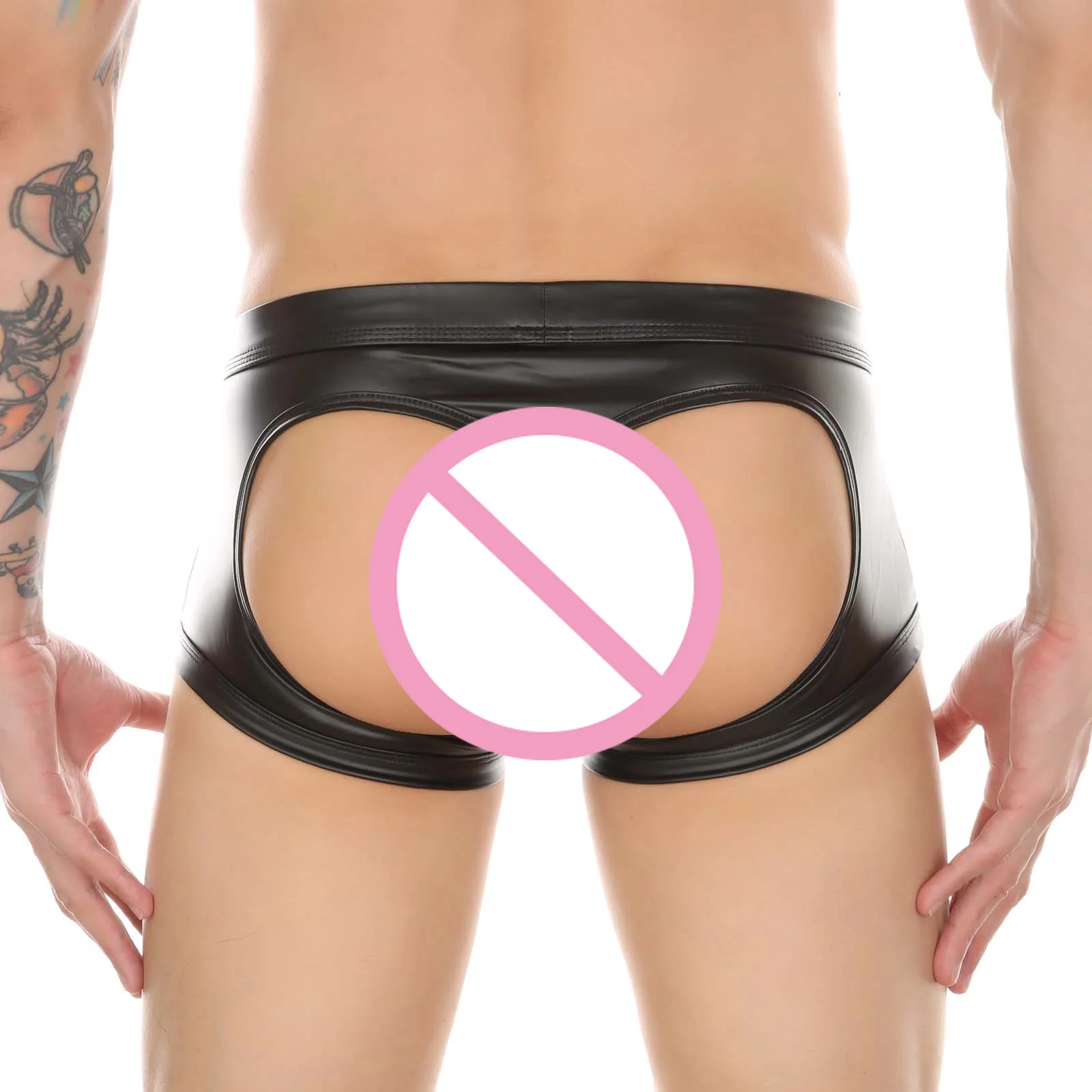 CLEVER-MENMODE Men's Boxers Faux Leather Underwear Wet Look Sexy Panties Open Butt G String Underpants Buttocks Boxershorts Club