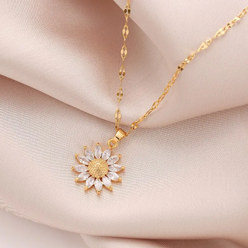 1PCS Gold-color Necklace Ladies Light Style Flower Pendant Inlaid 2025 Zirconia Titanium Steel new Chain Holiday Jewelry