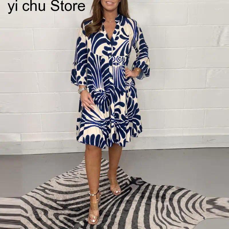 Casual Dresses Summer V Neck 3/4 Sleeve Print Party Dress Fashion Women Office Elegant Single Breasted Geometry Pattern