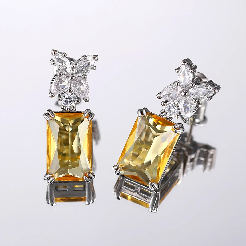 New Simple and Elegant Square Cubic Zirconia Earrings Bling Yellow CZ Dangle Luxury Women Wedding Engagement Jewelry