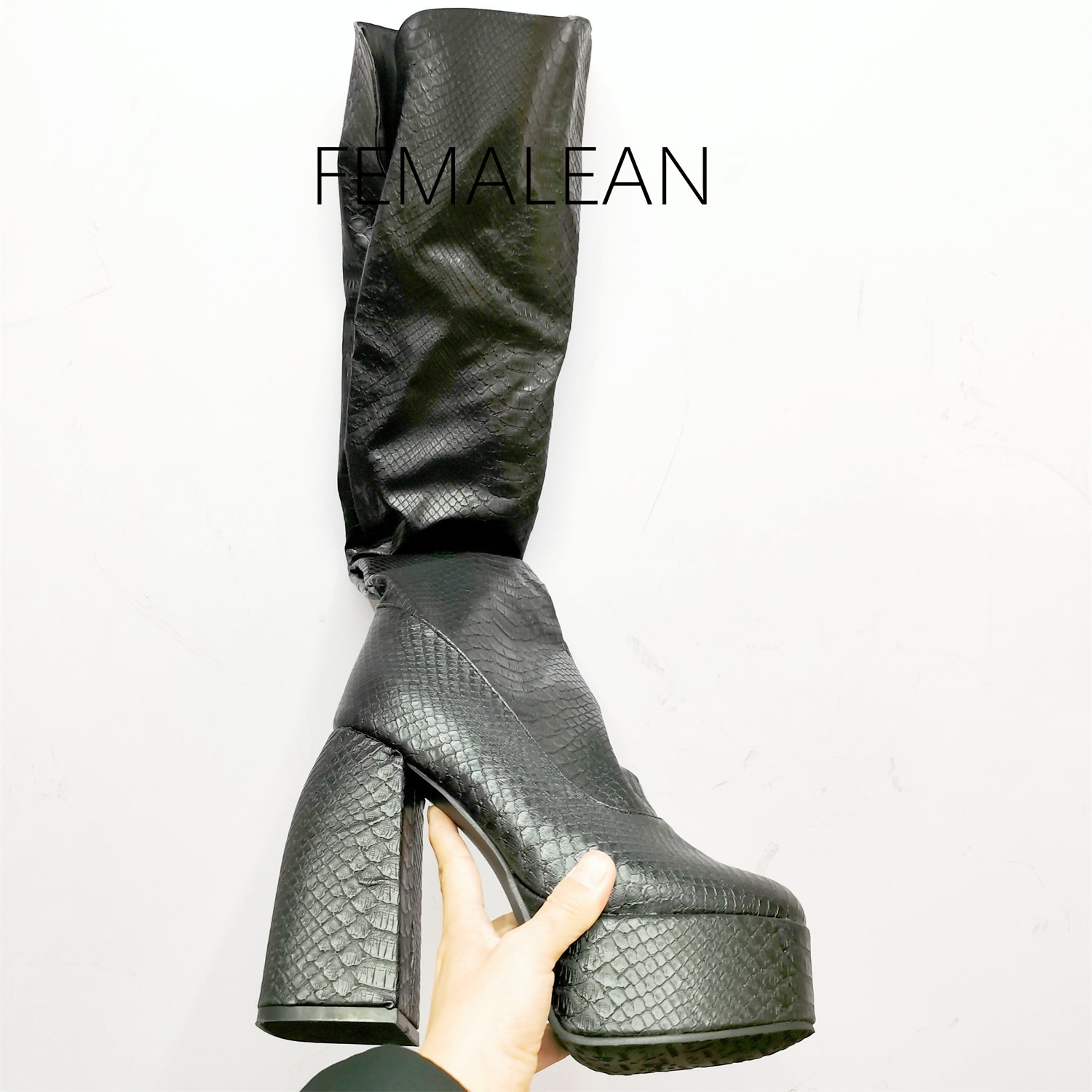FEMALEAN Bratz Chunky Tight Black Knee High Heels Platform Goth Punk Elastic Leather Boots Ladies Shoes On Offer Free Shipping