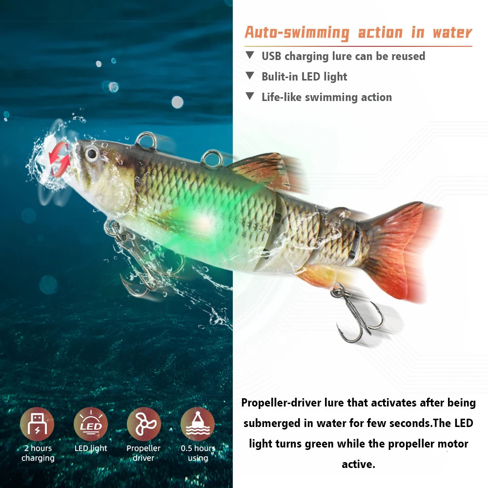 90mm mini Automatic Swimming Robotic Electric Fishing Lure Multi Jointed Bait Auto Swimbait USB LED Light Wobbler for pike 240517