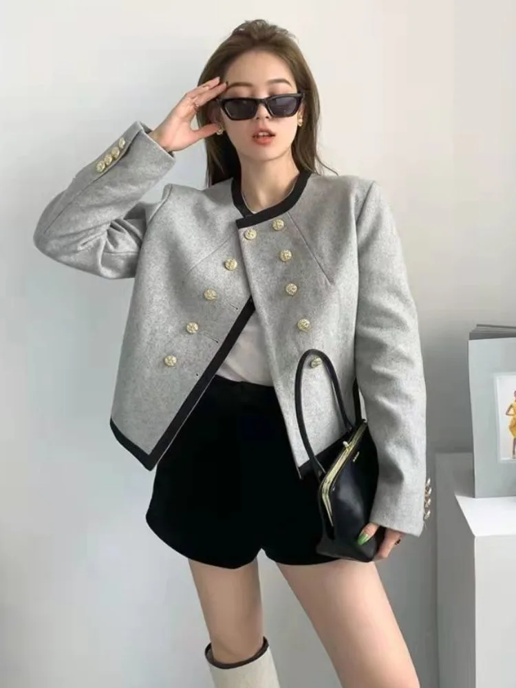 Women's Blazer Chic Elegant Round Neck Clothing Casual Temperament Double-breasted Irregular Long Sleeve new 2025 Coat Clothes Top New