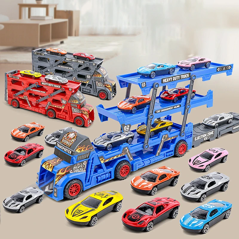 Children Little Bus Big Container Truck Storage Box Parking Lot Toy With 3 /12 Pull Back Mini Car Toy For Kids Birthday Gift