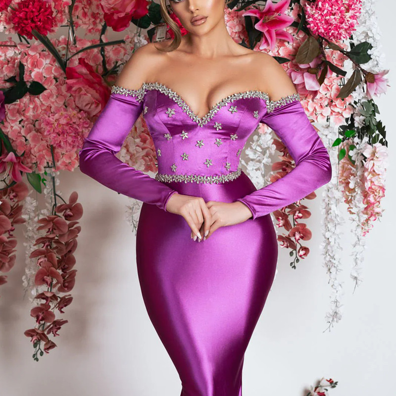 Fuchsia Dubai Evening Dresses Beads Crystals Rhinestones Luxury Long Sleeves Muslim Prom Dresses Prom Pageant Gowns Vestidos Plus Size