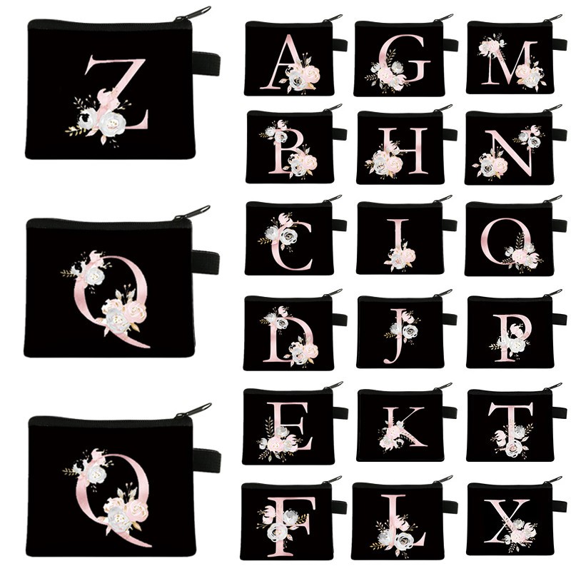 Pink Letter Flower Print Purse Cute Portable Zipper Key Storage Bag Small 2025 Fresh Canvas Zippered new Children Coin Purse Clutch Bag