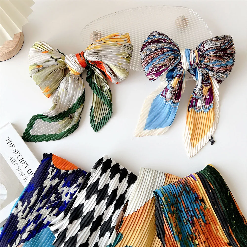Square Floral Silk Crinkle Hair Bands Scarf Women Luxury Headband Scarves Bandana Foulard Office Ladies Shawl Accessories 2023
