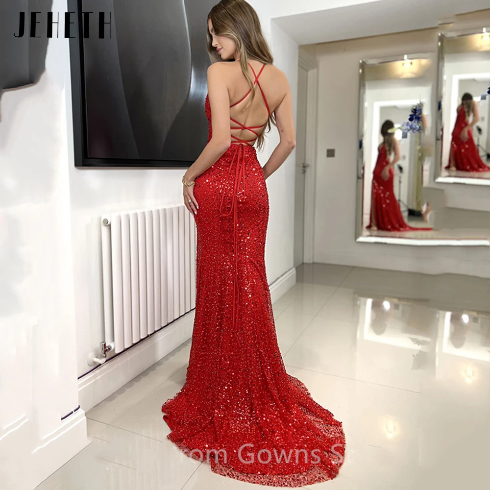 JEHETH Glitter Mermaid Prom Dresses Sexy Deep V Neck Long Evening Gowns Arabic Side Split Spaghettti Strap vestidos de noche