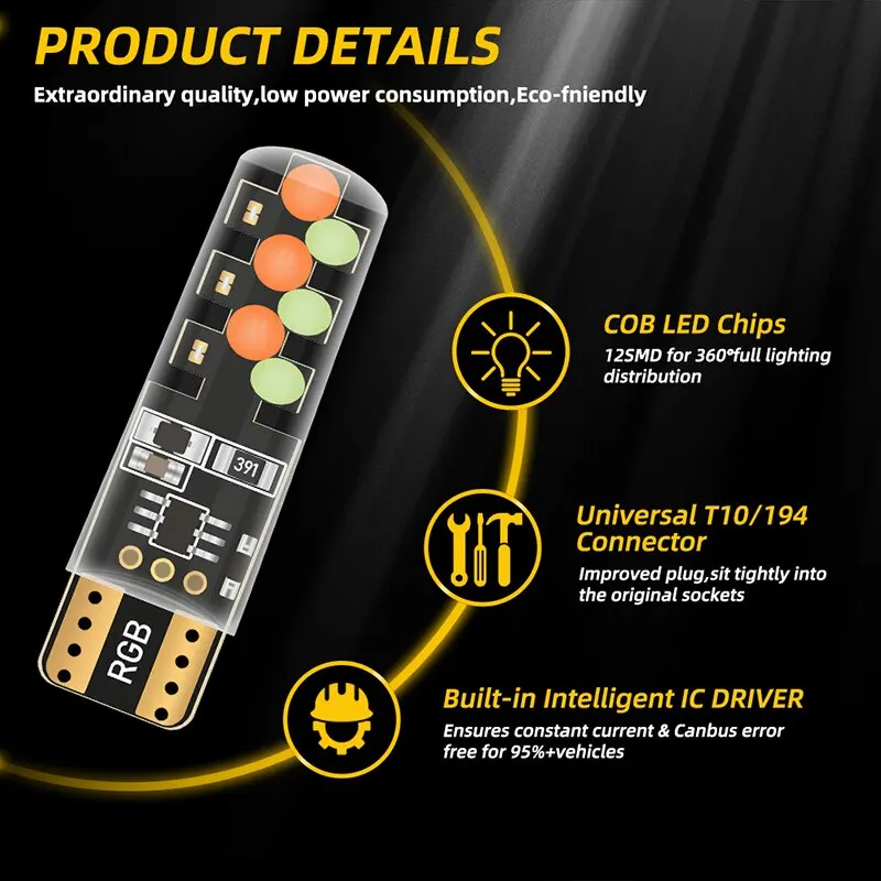 1set T10 W5w RGB LED Bulb Remote Control COB Lamp Car Interior new Lighting Reading 2025 Wedge Dome Trunk License Plate Light 12V