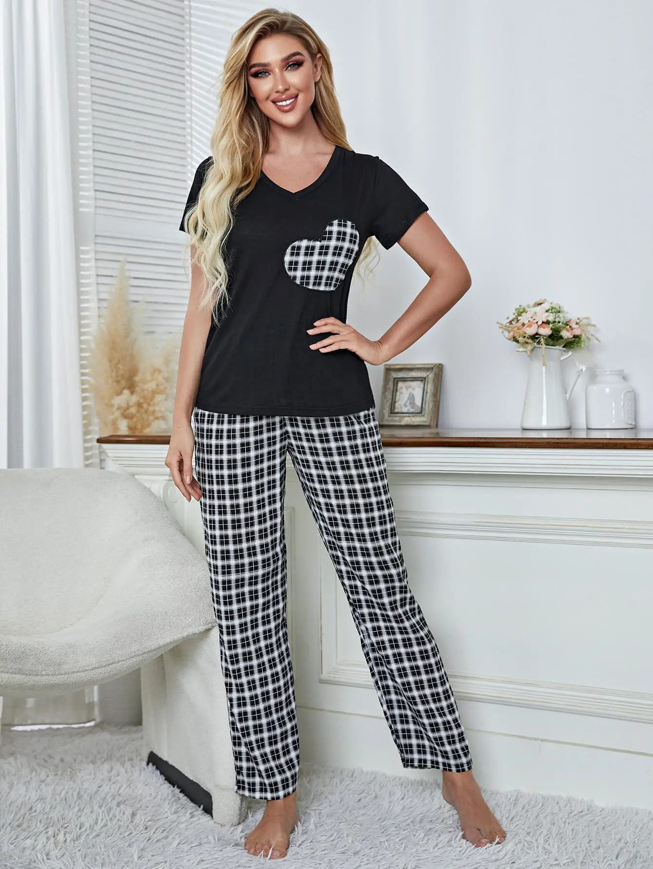 Summer Women's Pajamas Sets Short Sleeves V Neck Tops&Pants 2 Pieces Plaid Full-Length Trousers Sleepwear Nightwear Home Suit