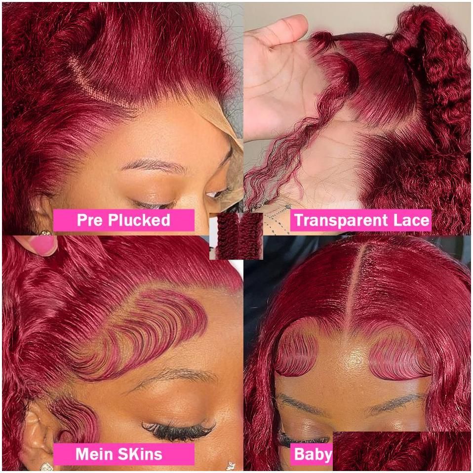 Synthetic Wigs Brazilian Hair Deep Wave Wig Bury Red Lace Front 13X4 Hd Frontal 360 Fl Curlywig Pre Plucked Drop Delivery Products Otxf Jllw
