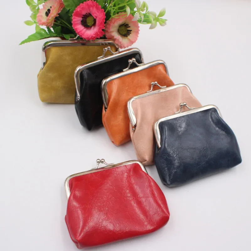 Coin Purse Oil Wax Leather Wallet 4 Inch Buckle Mini Wallet Coin Bag Lipstick Storage Bag Ladies ClutchBag Purses for Women