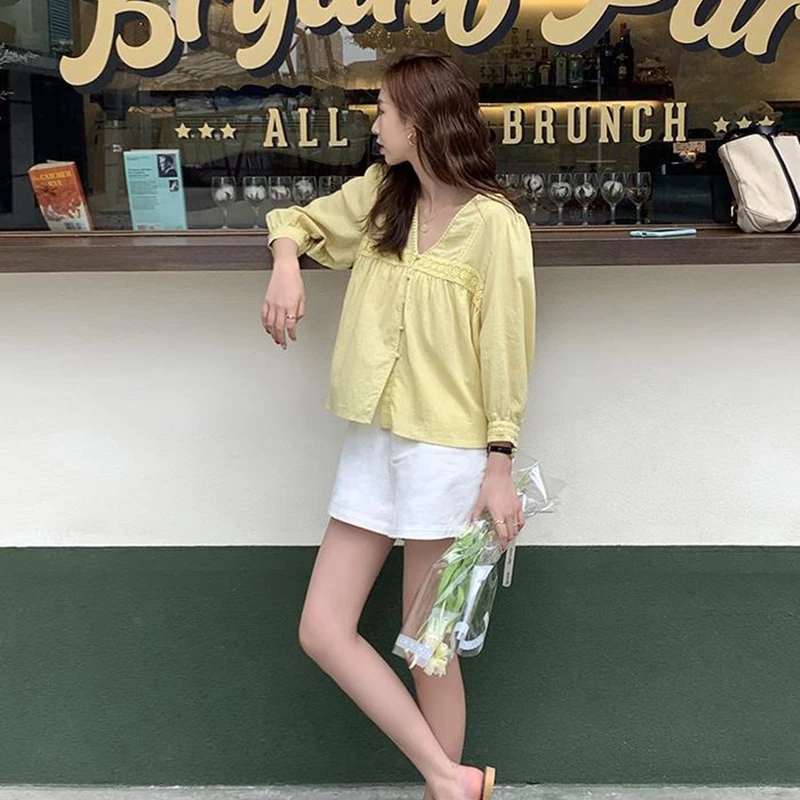 MEXZT Vintage 2025 Sweet Lace Shirts Women Korean Cute V Neck Long Sleeve Loose Blouses Summer Streetwear Boho Beach Casual new Tops New
