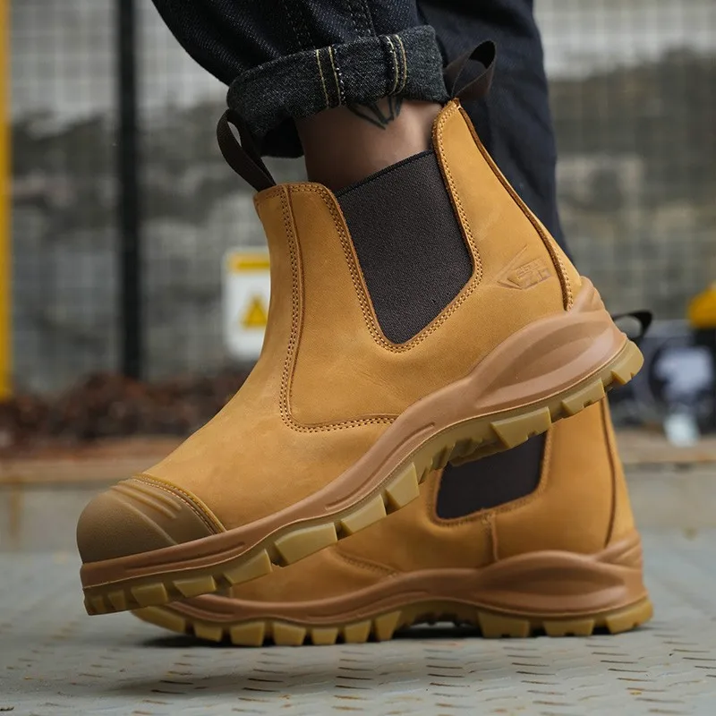 Luxury High-top Cowhide Boots Men's Safety Shoes Lace Free Steel Toe Anti Impact And Anti Puncture Wear Resistant Work Shoes