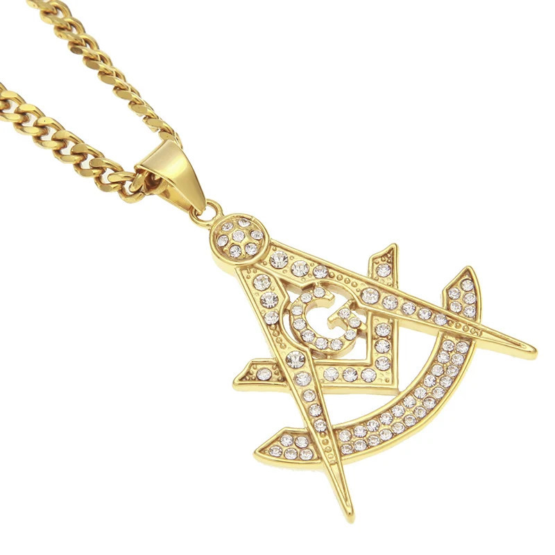 Hip Hop Bling Iced Out Rhinestones Stainless Steel Masonic Freemasonry Pendant Necklace for Men Rapper Jewelry 240514