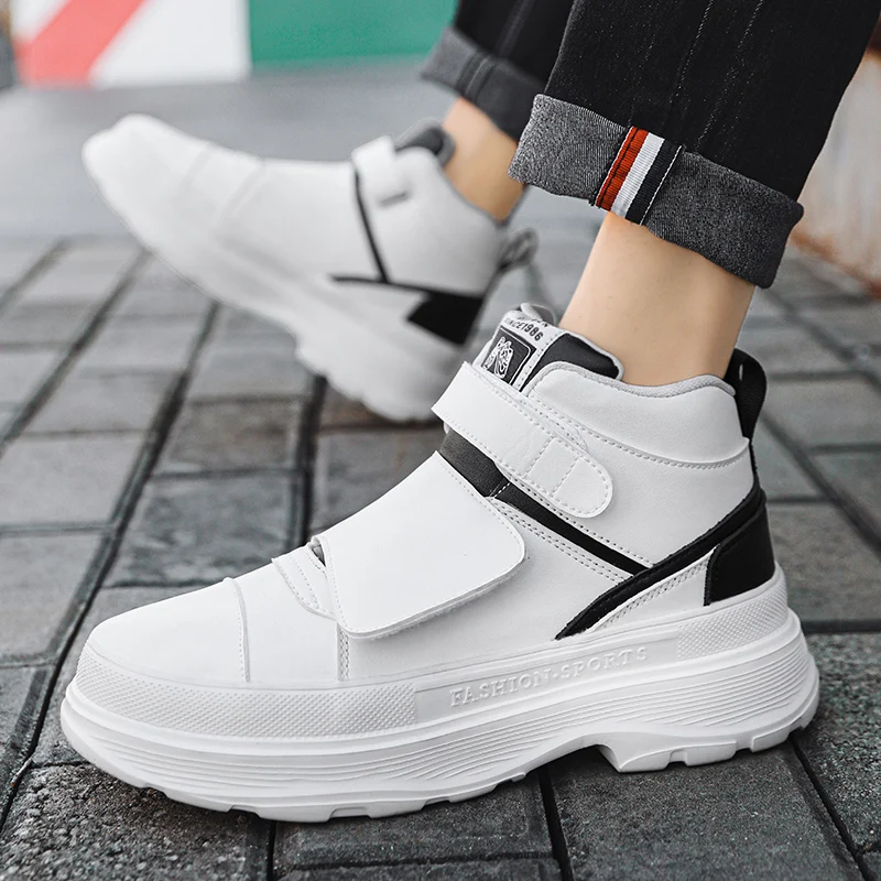 Autumn Men Casual Sneakers Leather new Chunky Platform High-top Shoes Ankle 2025 Boots Magic Tape Sneakers Male Breathable Sport Shoes 44