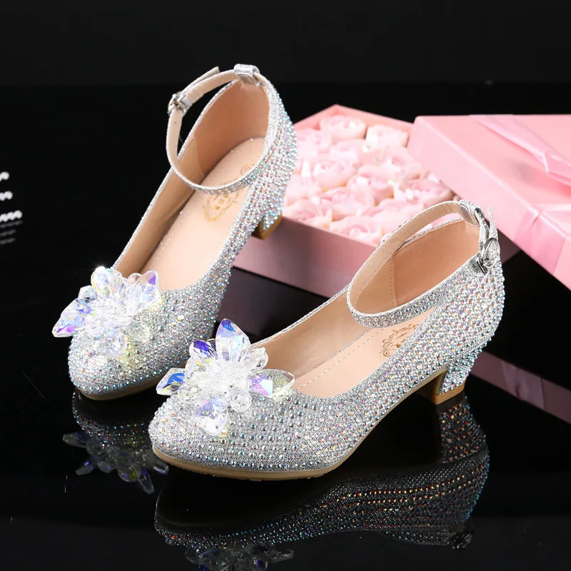 Princess Girls Party Shoes Childrens Sandals Sequin High Heels Diamond Girls Sandals Peep Toe Crystal Childrens Dress Shoes 240516