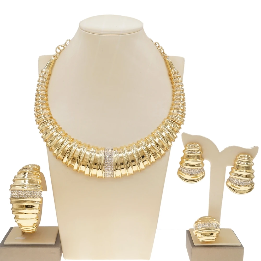 Women Gold Plated Jewelry Set Round Bone Shape Necklace Luxury Wedding and Banquet Jewelry Bracelet Earrings Ring 4PCS