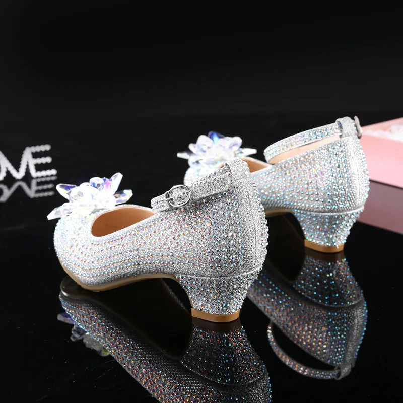 Princess Girls Party Shoes Childrens Sandals Sequin High Heels Diamond Girls Sandals Peep Toe Crystal Childrens Dress Shoes 240516