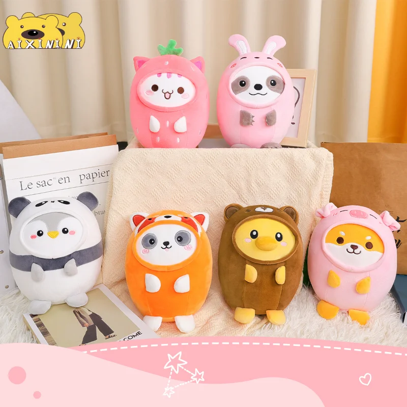 AIXINI 10 Style Strawberry White Cat Squishy Plush Pillow Kawaii Stuffed Panda Pig Animals Plushie Doll Baby Plushy Throw Pillow