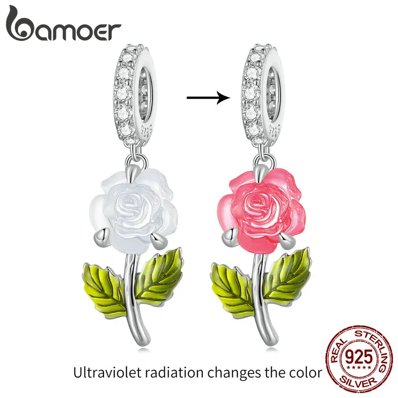 Bamoer Sterling 2025 Sier Rose Hanging Bead new Color Changeable Flower Pendant Charms for Women Bracelet and Necklace DIY BSC824