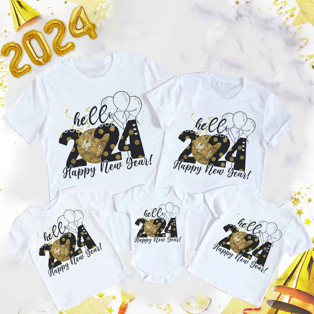 Hello 2024 Happy New Year Family Matching Outfits Dad Mom Kids Shirt Baby Bodysuit Family Clothes New Year Party Family Outfits