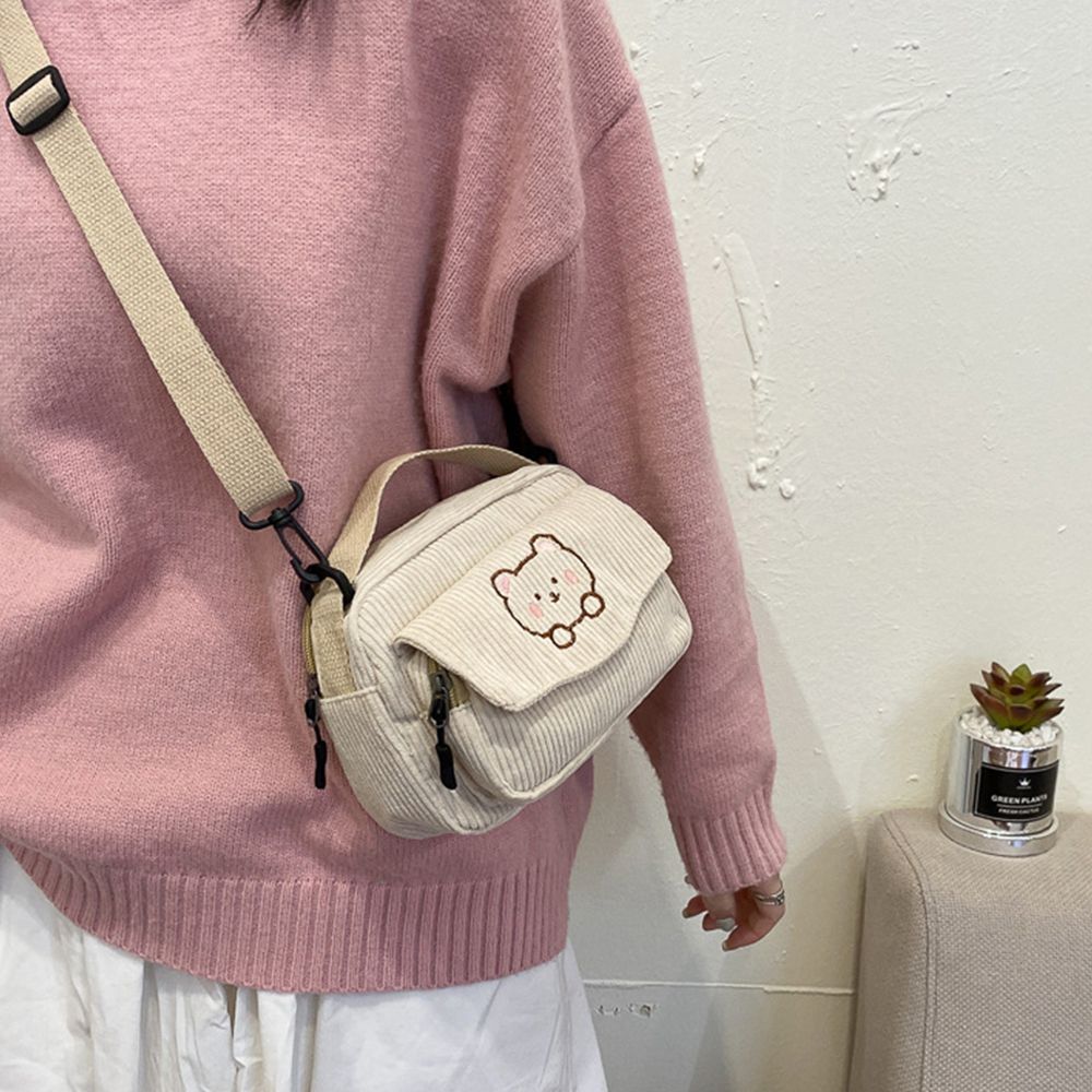 Fashion Women Corduroy Cartoon Bear Print Shoulder Bags Student Tote Messenger Bag Satchel Travel Handbags