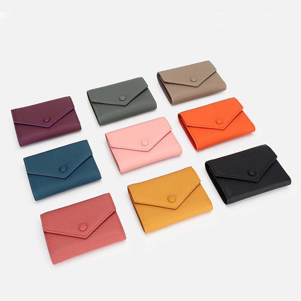 100% Genuine Leather Small Women Tifold Envelope Card Holder Purse Multipurpose Zip Coin Cowhide Short Lady Wallet