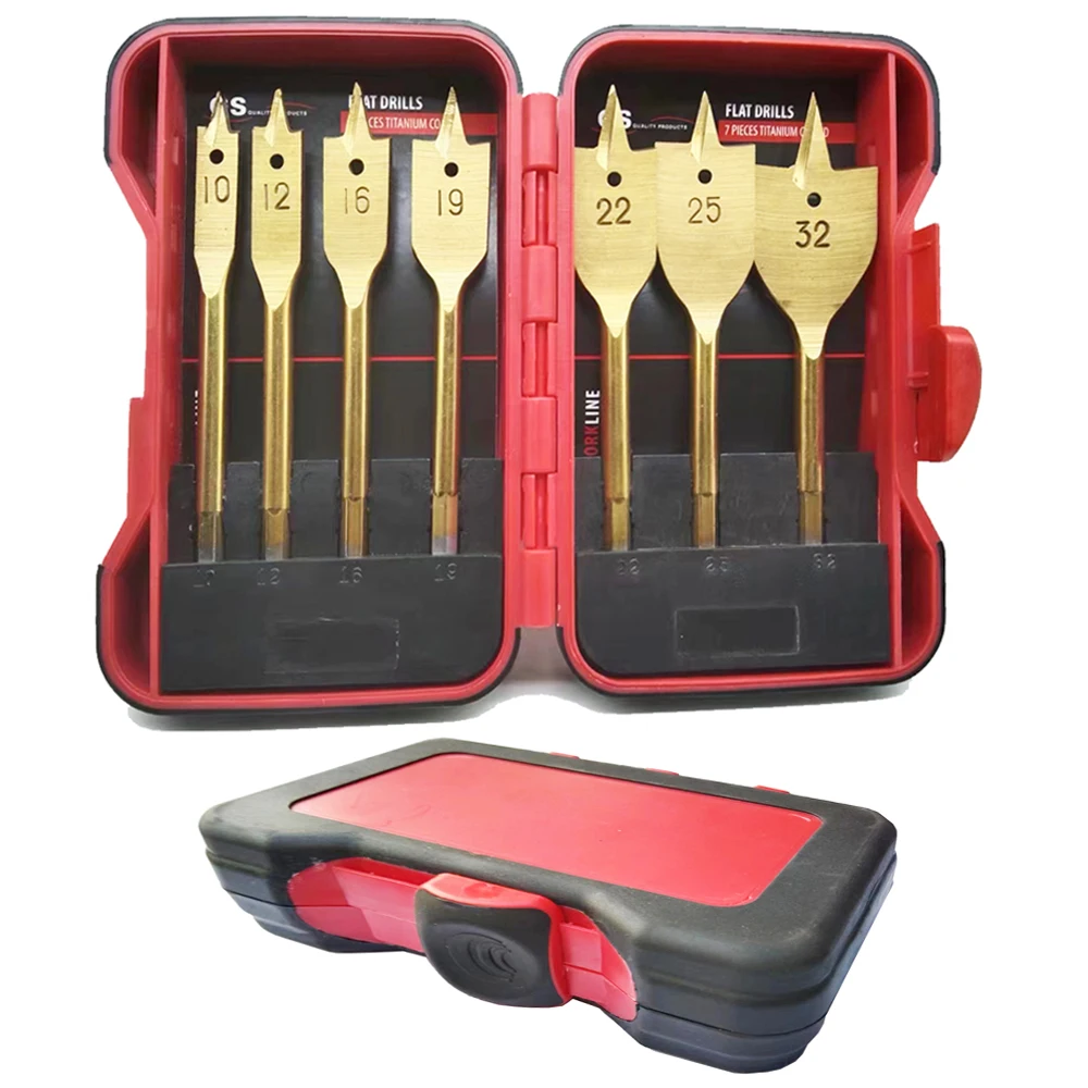 New packing 7pcs/ box Hex 2025 Shank Spade Bit Flat Boring Titanium Coating Bit Wood Flat Drill new Bit Set