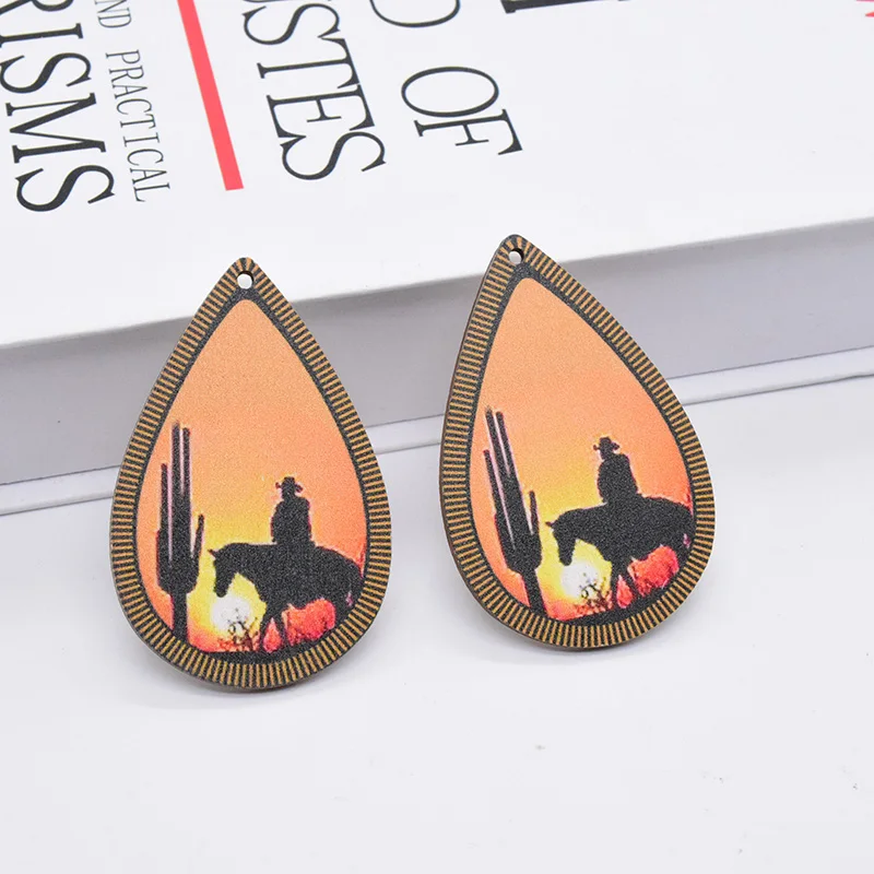 10pcs Sunset Cowboy Vintage Earring Wood Charms Artificial Wood Horse Riding Art Pendant For Eardrop Keychain Diy Jewelry Make